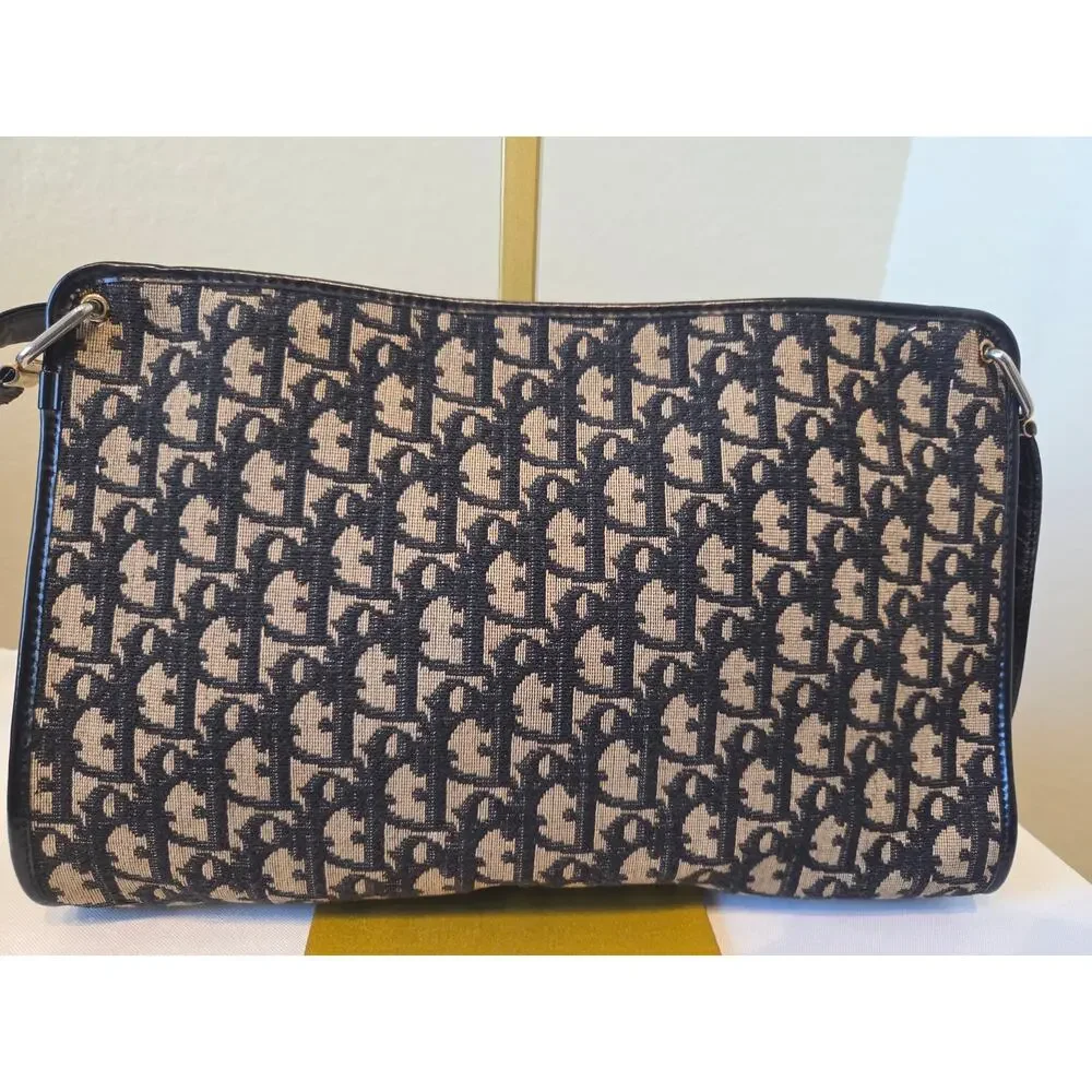 Christian Dior Trotter Monogram Shoulder Bag Navy Canvas CD Logo Vintage - Picture 4 of 16
